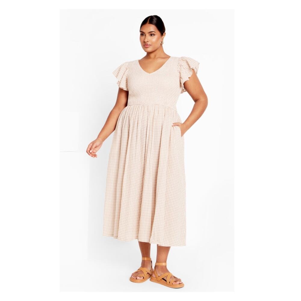 City Chic Beige Plaid Smocked Charley Midi Dress Sz.L/20W NWT